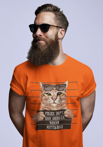 Humorous Cat Mugshot T-Shirt - Quirky Unisex Tee with Rebellious Sunglasses Design in Earthy Tones