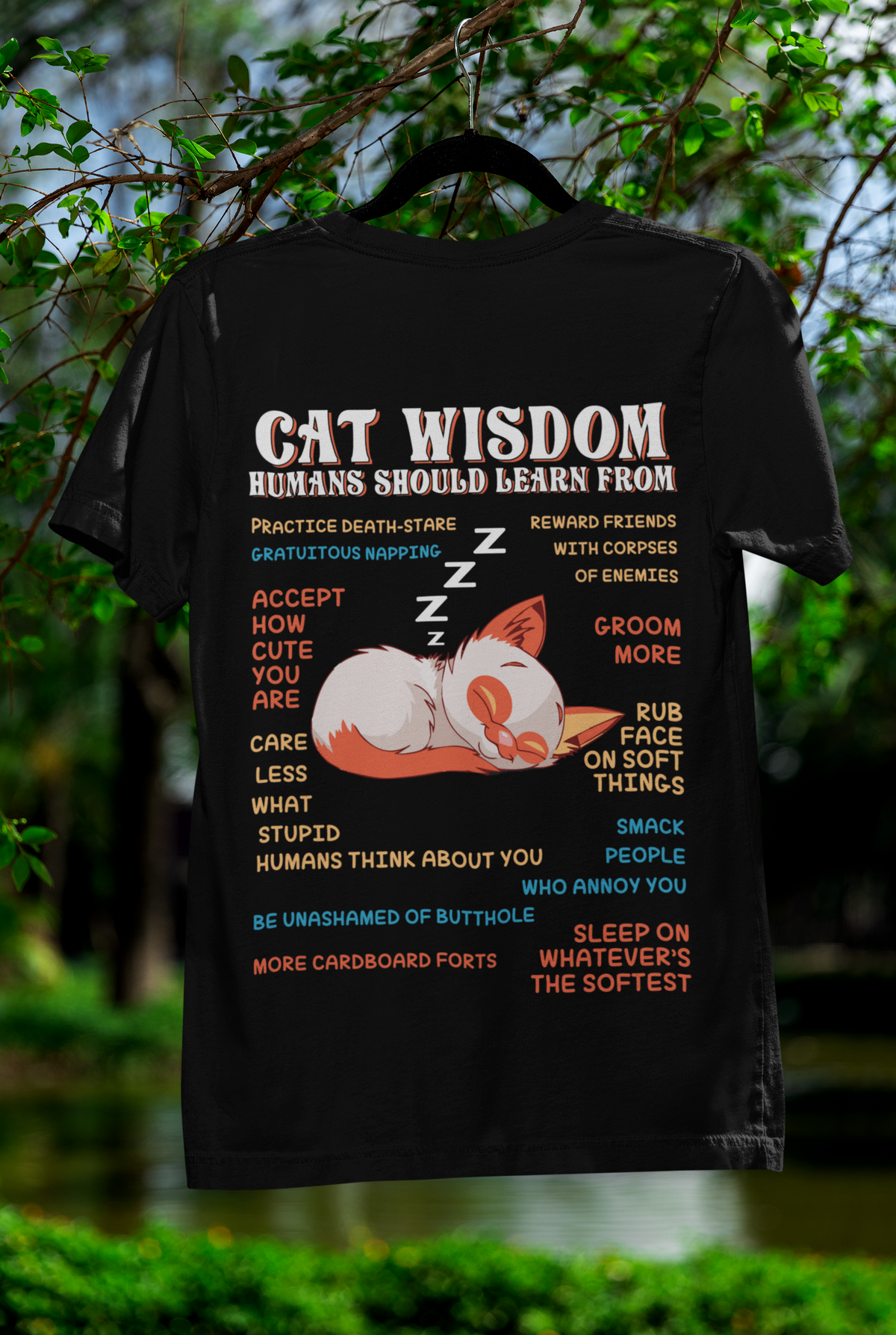 Unisex Classic Crew T-Shirt - 'Cat Wisdom' Humorous Design | Playful Sleeping Cat & Witty Advice | Vibrant Orange, White & Blue | Perfect for Cat Lovers