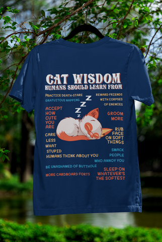 Unisex Classic Crew T-Shirt - 'Cat Wisdom' Humorous Design | Playful Sleeping Cat & Witty Advice | Vibrant Orange, White & Blue | Perfect for Cat Lovers