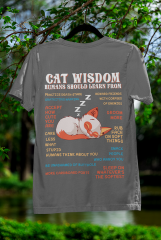 Unisex Classic Crew T-Shirt - 'Cat Wisdom' Humorous Design | Playful Sleeping Cat & Witty Advice | Vibrant Orange, White & Blue | Perfect for Cat Lovers