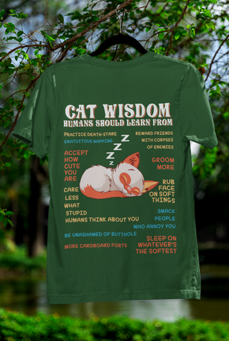 Unisex Classic Crew T-Shirt - 'Cat Wisdom' Humorous Design | Playful Sleeping Cat & Witty Advice | Vibrant Orange, White & Blue | Perfect for Cat Lovers