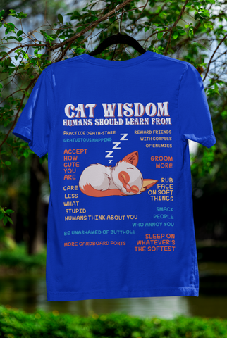 Unisex Classic Crew T-Shirt - 'Cat Wisdom' Humorous Design | Playful Sleeping Cat & Witty Advice | Vibrant Orange, White & Blue | Perfect for Cat Lovers