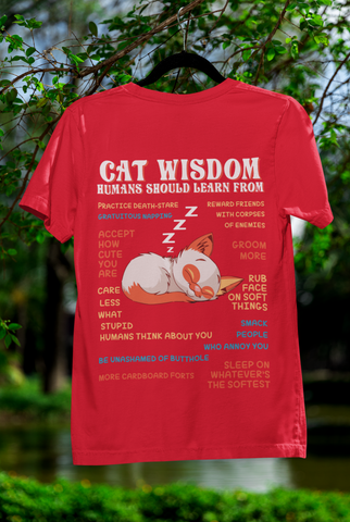Unisex Classic Crew T-Shirt - 'Cat Wisdom' Humorous Design | Playful Sleeping Cat & Witty Advice | Vibrant Orange, White & Blue | Perfect for Cat Lovers