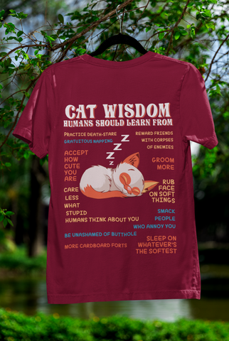 Unisex Classic Crew T-Shirt - 'Cat Wisdom' Humorous Design | Playful Sleeping Cat & Witty Advice | Vibrant Orange, White & Blue | Perfect for Cat Lovers