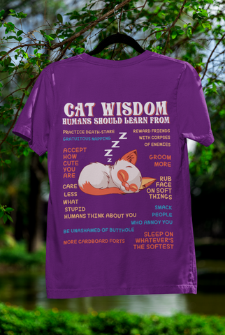 Unisex Classic Crew T-Shirt - 'Cat Wisdom' Humorous Design | Playful Sleeping Cat & Witty Advice | Vibrant Orange, White & Blue | Perfect for Cat Lovers