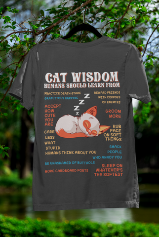 Unisex Classic Crew T-Shirt - 'Cat Wisdom' Humorous Design | Playful Sleeping Cat & Witty Advice | Vibrant Orange, White & Blue | Perfect for Cat Lovers