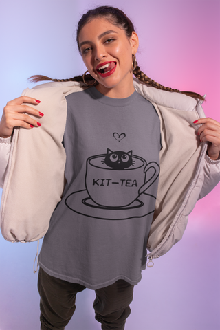 Unisex Classic Crew T-Shirt with 'KIT-TEA' Cat in Teacup Graphic – Playful Pun Design in Black