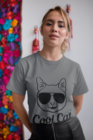 Cool Cat Unisex T-Shirt - Humorous Sunglasses Cat Graphic & Text Design, Monochrome Style