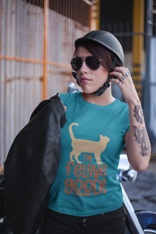 Unisex Classic Crew T-Shirt - 'I'm Feline Good' Cat Silhouette & Punny Phrase Design, Bold Orange Text, Fun & Quirky Casual Wear for Cat Lovers