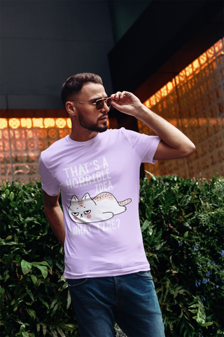 Unisex Classic Crew T-Shirt with Quirky Cat Humor Print - 'That's a Horrible Idea, What Time?' Playful Graphic Design