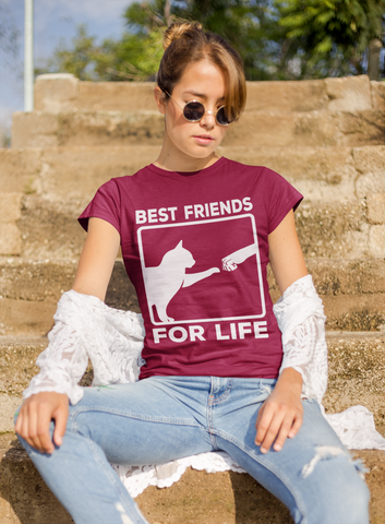 Unisex Classic Crew T-Shirt - 'Best Friends for Life' Cat & Human Fist Bump Graphic Tee | Monochrome Minimalist Design for Cat Lovers