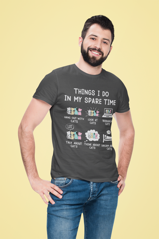 Unisex Classic Crew T-Shirt - Whimsical Cat Activities Design | Pastel Cartoon Humor on Dark Background