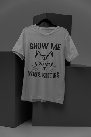 Playful Cat Graphic Unisex Crew T-Shirt - 'SHOW ME YOUR KITTIES' Bold Monochrome Design