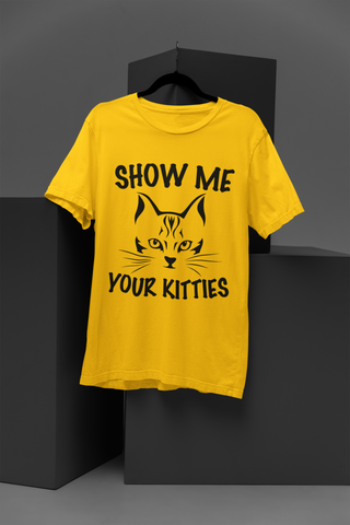 Playful Cat Graphic Unisex Crew T-Shirt - 'SHOW ME YOUR KITTIES' Bold Monochrome Design