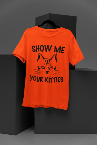 Playful Cat Graphic Unisex Crew T-Shirt - 'SHOW ME YOUR KITTIES' Bold Monochrome Design