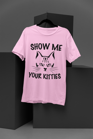 Playful Cat Graphic Unisex Crew T-Shirt - 'SHOW ME YOUR KITTIES' Bold Monochrome Design