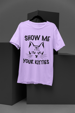 Playful Cat Graphic Unisex Crew T-Shirt - 'SHOW ME YOUR KITTIES' Bold Monochrome Design