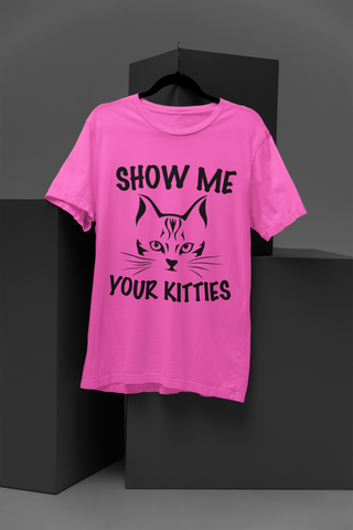 Playful Cat Graphic Unisex Crew T-Shirt - 'SHOW ME YOUR KITTIES' Bold Monochrome Design