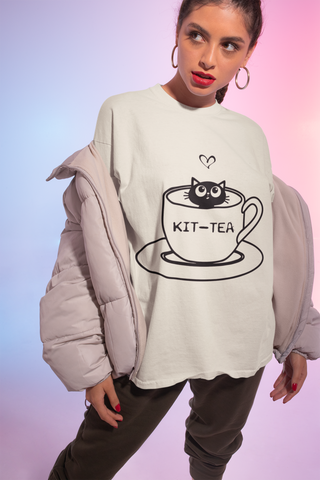 Unisex Classic Crew T-Shirt with 'KIT-TEA' Cat in Teacup Graphic – Playful Pun Design in Black