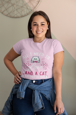 Women's Whimsical Cat Love T-Shirt - Playful Pink & White Graphic with Cute Bow Tie Cat & Hearts Design