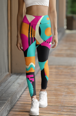 Women’s Vibrant Geometric Print Gym Leggings – High-Waist Stretch Workout Tights for Yoga, Gym & Athleisure, with Pocket