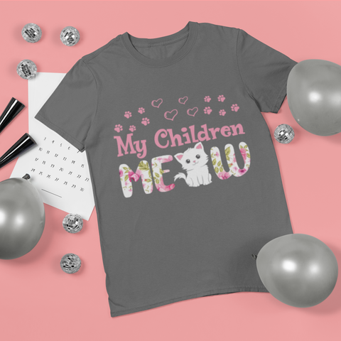 Unisex Classic Crew T-Shirt - Playful Cat Lover's 'My Children MEOW' Design in Pink & Green
