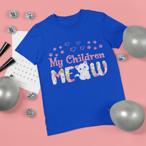 Unisex Classic Crew T-Shirt - Playful Cat Lover's 'My Children MEOW' Design in Pink & Green