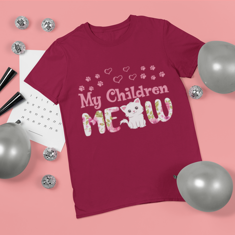 Unisex Classic Crew T-Shirt - Playful Cat Lover's 'My Children MEOW' Design in Pink & Green