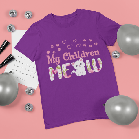Unisex Classic Crew T-Shirt - Playful Cat Lover's 'My Children MEOW' Design in Pink & Green