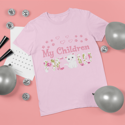Unisex Classic Crew T-Shirt - Playful Cat Lover's 'My Children MEOW' Design in Pink & Green