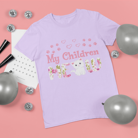 Unisex Classic Crew T-Shirt - Playful Cat Lover's 'My Children MEOW' Design in Pink & Green