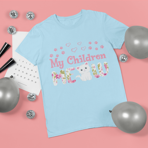 Unisex Classic Crew T-Shirt - Playful Cat Lover's 'My Children MEOW' Design in Pink & Green