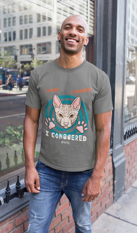 Unisex Classic Crew T-Shirt - Bold Cat Humor Design | 'I Came, I Purred, I Conquered' Sphynx Graphic in Pink, Teal, Orange & White