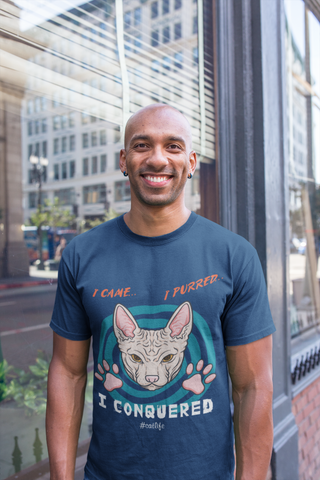 Unisex Classic Crew T-Shirt - Bold Cat Humor Design | 'I Came, I Purred, I Conquered' Sphynx Graphic in Pink, Teal, Orange & White