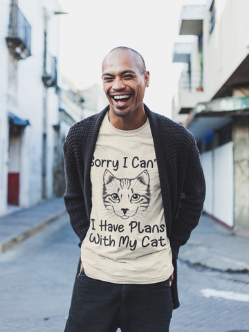 Unisex Classic Crew T-Shirt - Humorous Cat Lover Design | 'Sorry I Can't, I Have Plans With My Cat' | Monochrome Sketch Print on Light Tees | Casual & Playful Pet-Themed Apparel