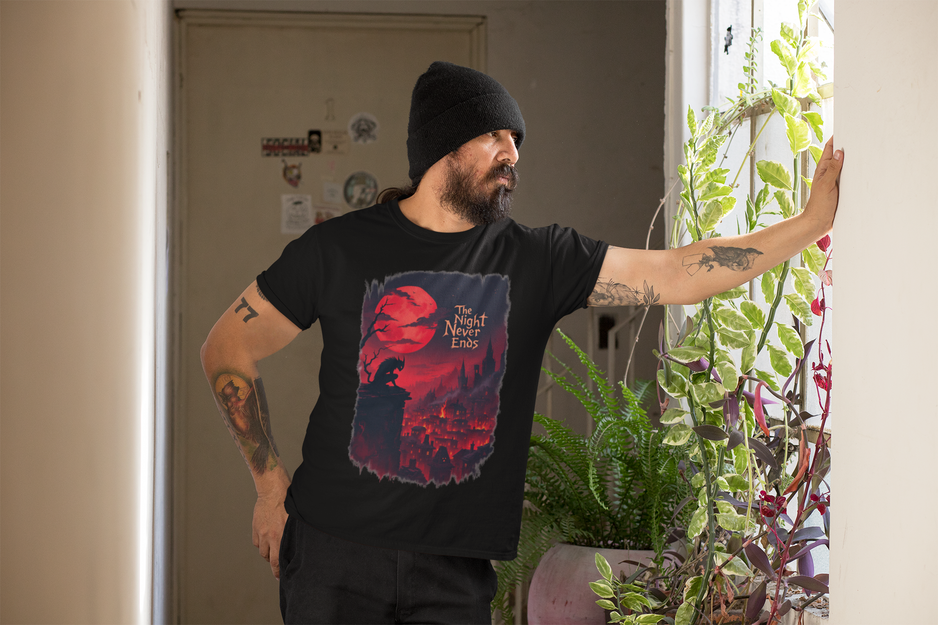 The Night Never Ends Gothic Fantasy Crew Neck T-Shirt – Unisex Premium Cotton Tee | BOTC Collection | Meraki Thread