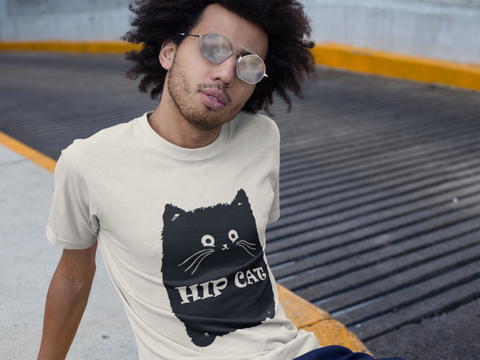 Unisex Classic Crew T-Shirt with Quirky 'HIP CAT' Cartoon Design – Monochrome Humor & Style