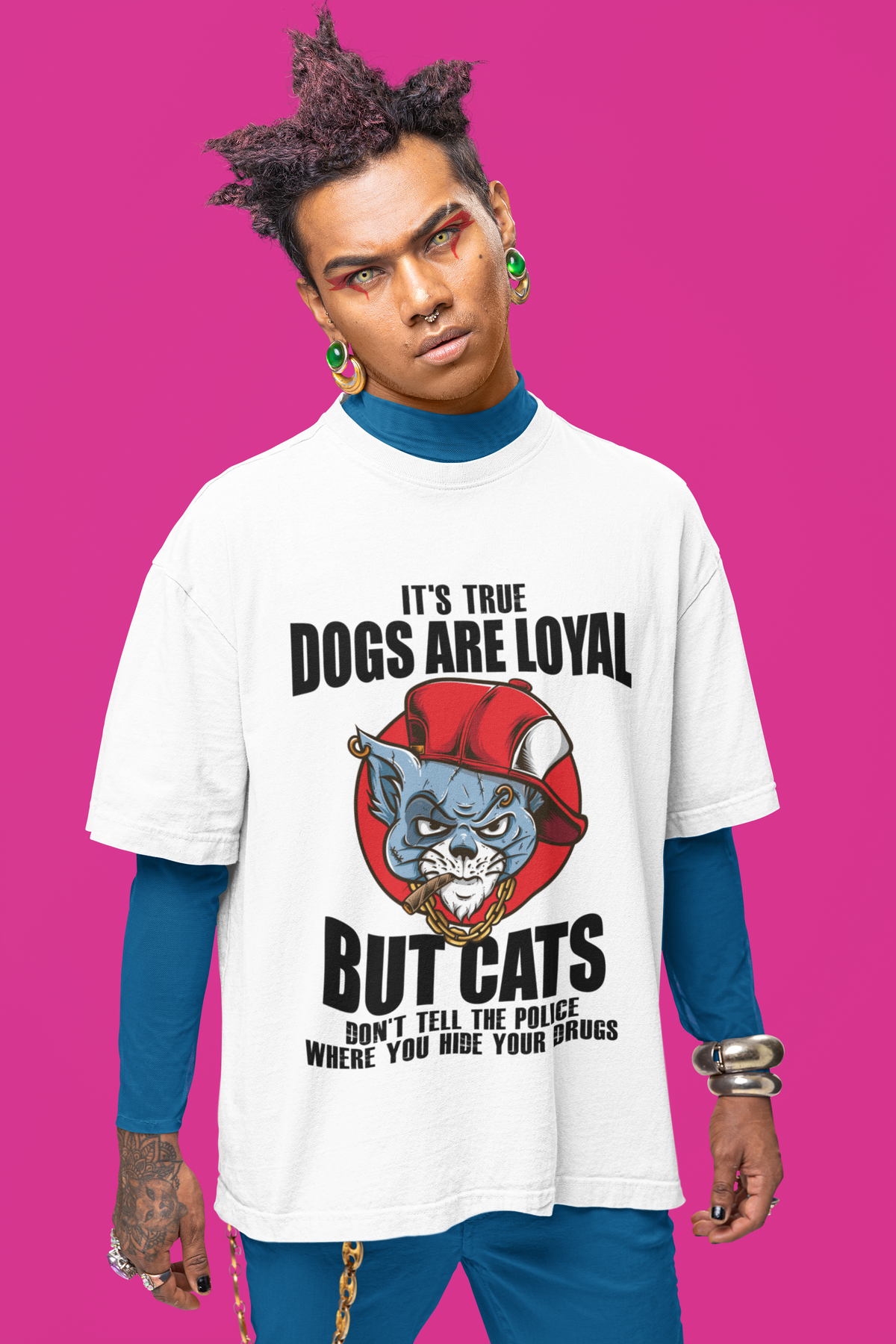 Unisex Oversized Classic T-Shirt - Bold Cat & Dog Humor Graphic Design with Red Hat & Gold Chain - Quirky & Edgy Casual Wear