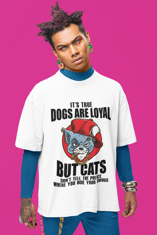 Unisex Oversized Classic T-Shirt - Bold Cat & Dog Humor Graphic Design with Red Hat & Gold Chain - Quirky & Edgy Casual Wear
