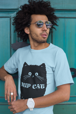 Unisex Classic Crew T-Shirt with Quirky 'HIP CAT' Cartoon Design – Monochrome Humor & Style
