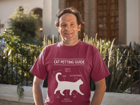 Unisex Classic Crew T-Shirt - 'Cat Petting Guide' Infographic Humor Design, Black & White Silhouette for Cat Lovers