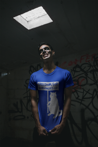 Unisex T-Shirt with Quirky 'Freedom for Schrödinger's Cat' Design – Bold White Graphics & Text, Science Humor Tee