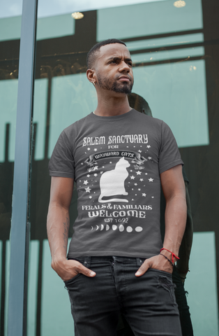 Unisex Gothic Mystical Cat T-Shirt - Salem Sanctuary Witchy Design with Moon Phases & Stars