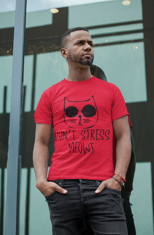 Unisex Classic Crew T-Shirt - 'Don't Stress Meowt' Cat Design | Playful Monochrome Graphic Tee with Sunglasses Cat & Hand-Drawn Text