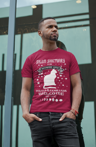 Unisex Gothic Mystical Cat T-Shirt - Salem Sanctuary Witchy Design with Moon Phases & Stars