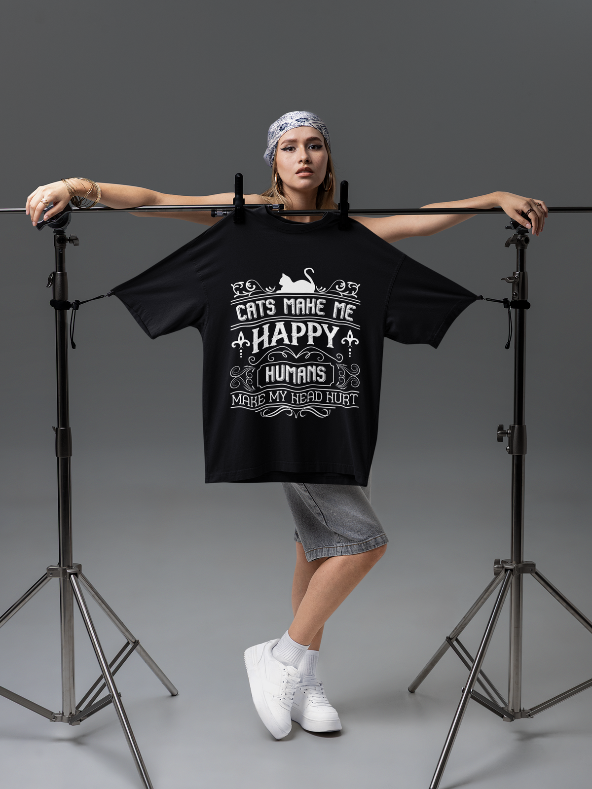Unisex Classic Crew T-Shirt - 'Cat Lovers Unite' Humorous Text Design with Vintage Flair | Bold Monochrome Cat Silhouette & Whimsical Typography
