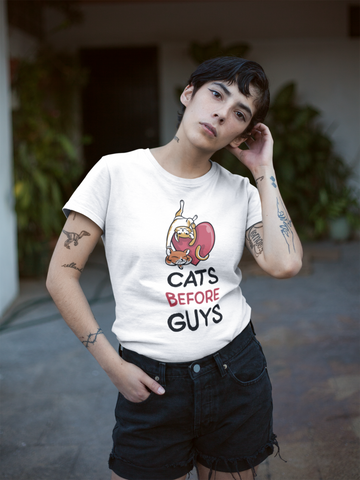Cats Before Guys Women’s T-Shirt – Funny Cat Lover Graphic Tee