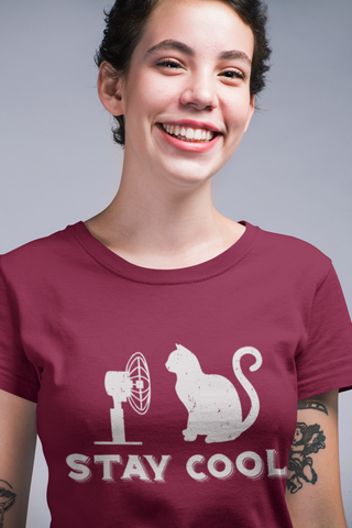 Unisex Classic Crew T-Shirt - 'Stay Cool' Cat & Fan Graphic | Monochrome Humor Design | Vintage Minimalist Style