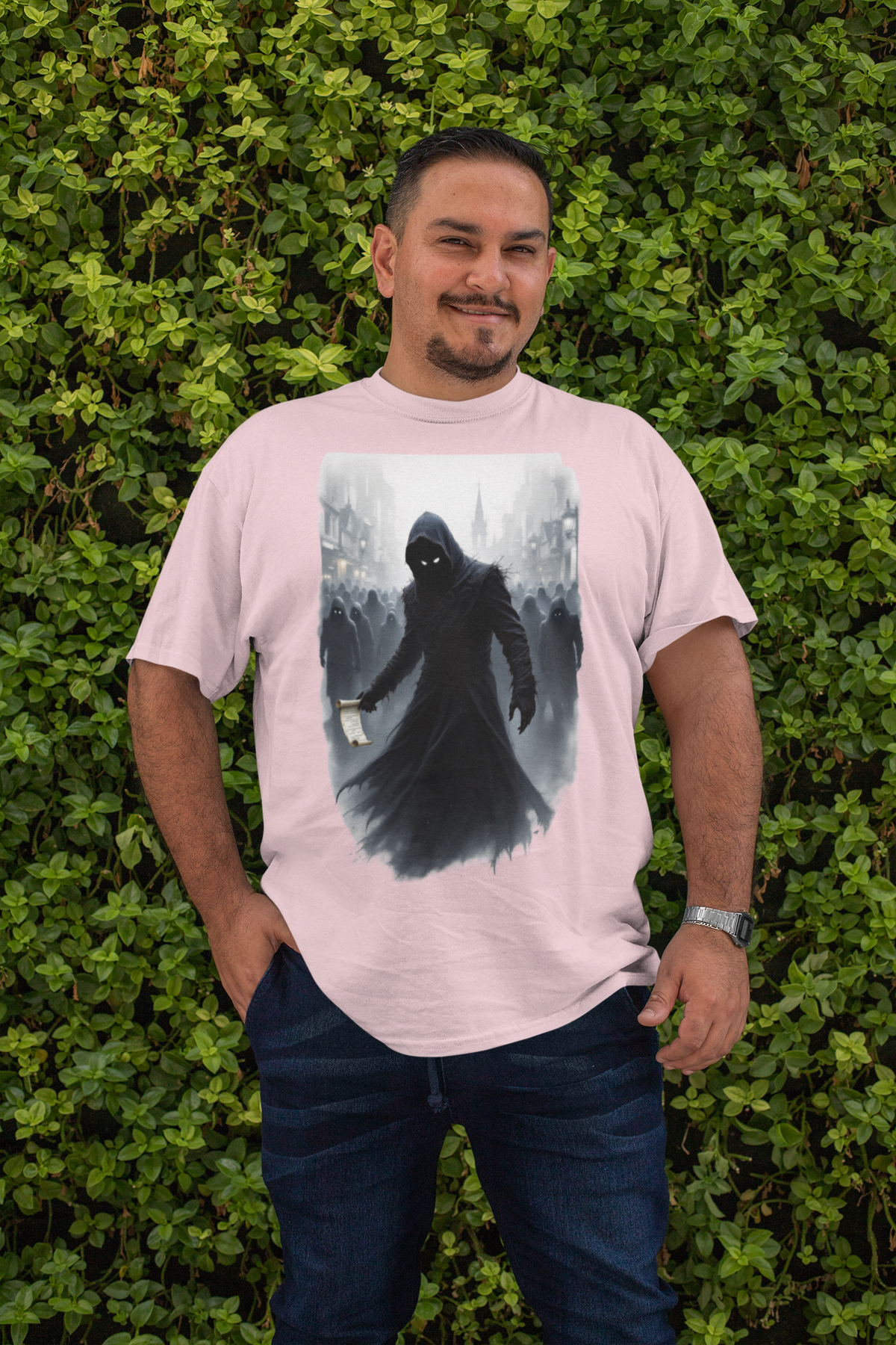 The Spy T-Shirt – Blood on the Clocktower Inspired Graphic Tee | Mysterious Rogue Shadow Design on Grey