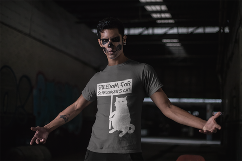 Unisex T-Shirt with Quirky 'Freedom for Schrödinger's Cat' Design – Bold White Graphics & Text, Science Humor Tee